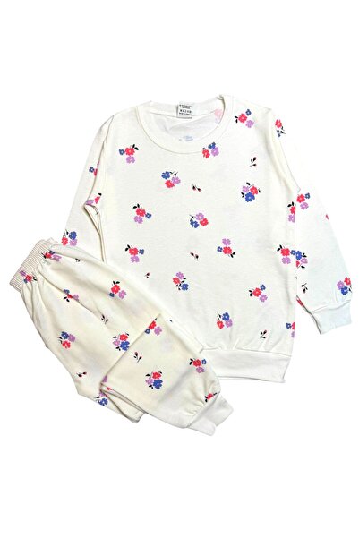 Fil Kids Girl's Cotton Fabric Ecru Color Flowers Patterned Long Sleeve Fleece...