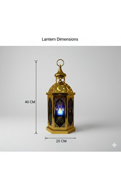Modern shop Gold-colored lantern with blue glass, Ramadan Kareem design, with light, battery operated, 40cm x 20cm