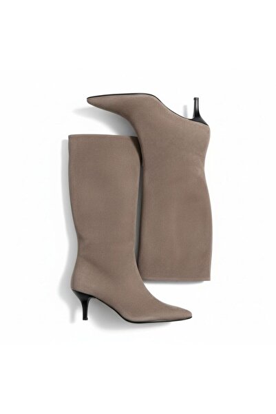 NE&VE SHOES Ekru Süet Hakiki Deri Körüklü Kadın Sivri Burun Çizme