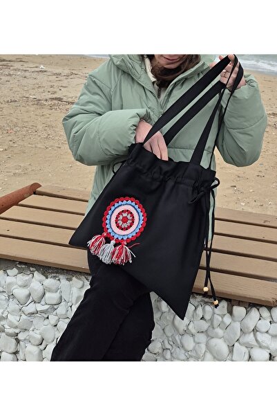 Handream Black Tote Cloth Shoulder Bag with Drawstring/Tassel and Red Mandala...
