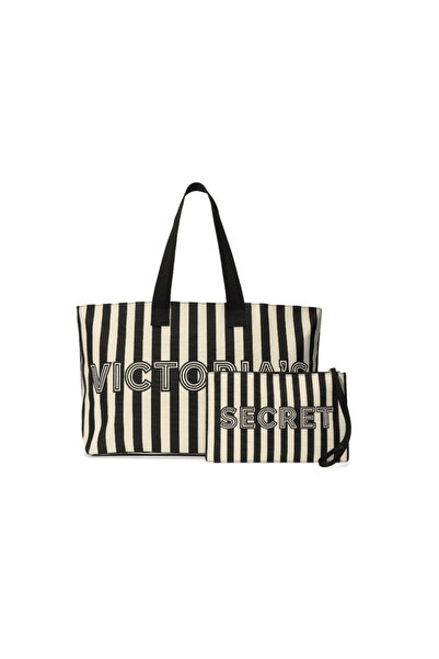 Victoria's Secret Striped Tote Bag Set & Cosmetic Pouch