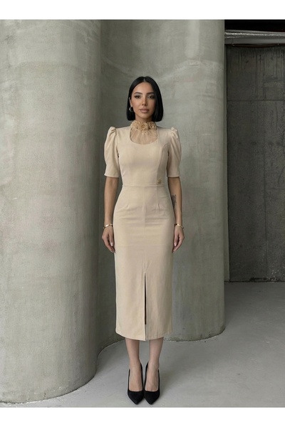 ALFUDO Moda Collection Collar Flower Detail Watermelon Sleeve Midi Graduation...