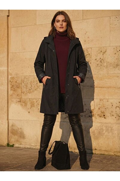 Hanezza Büyük Beden Kapişonlu Uzun Trençkot