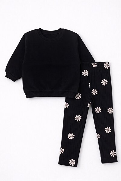 MARKOLL Kız Bebek Siyah 3 İplik Sweatshirt ve Raporlu Kaşkorse Dar Paça Tayt ...