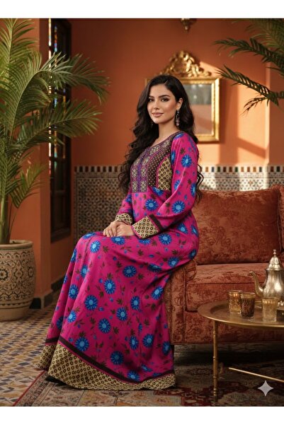 ASIAN جلابية سامية نسائية بتصميم شرقي أنيق – نقوش زهور فاخرة لإطلالة راقية