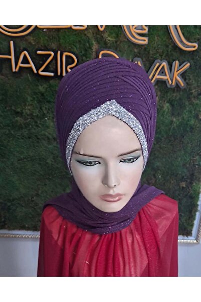 semahazırduvak Mor Simli Şerit Detaylı Model hazır türban hazır şal abiye şal...