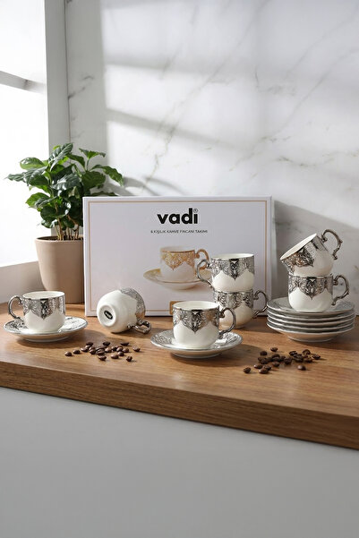 Vadi Silver Detailed Patterned Porcelain Coffee Cup Set for 6 People