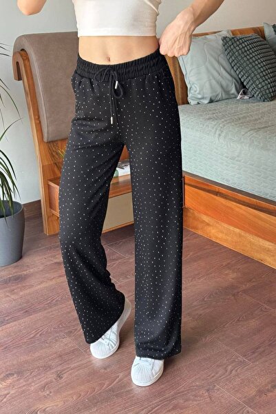 PERA AKSESUAR Geniş paça siyah beli lastikli taşlı pantolon