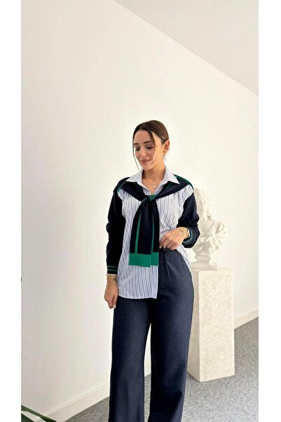 NOXS Kadın Çizgili Gömlek Kazak Kombini