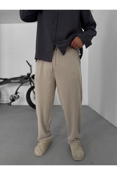 BYBASICMAN Μπεζ Πλυμένο Λεπτό Φαρδύ Παντελόνι YP-5016