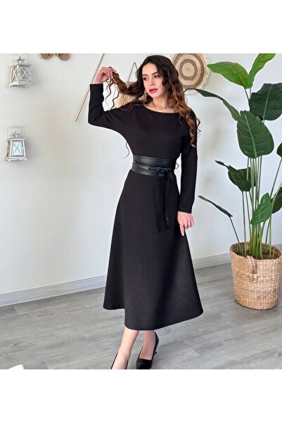 Şamdan Black Faux Leather Belted Midi Length Corded Fabric Dress