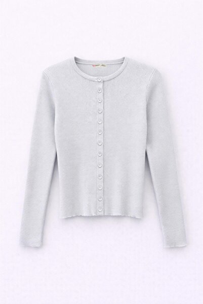 Mixray 6931 Women's Buttoned Corded Fabric Knitwear Cardigan Baby Blue