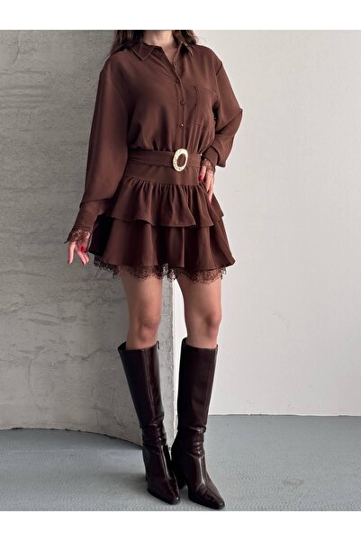Ekim Store Belted Shirt Collar Lace Dress