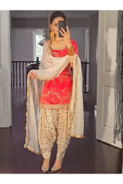 MYSMAR Red and Off-white Top Patiyala Salwar & Dupatta - HRT2687 | Red and Of...