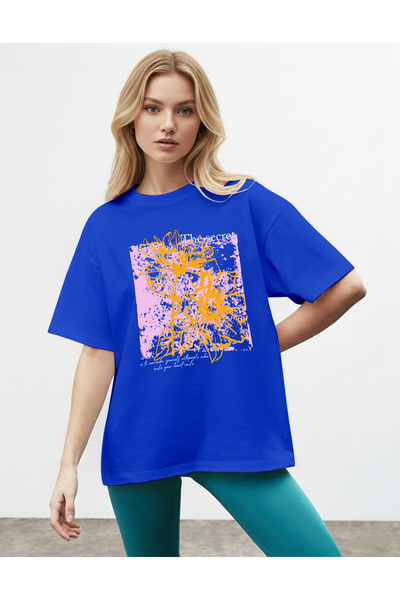 caddekombin Γυναικείο πορτοκαλί λουλουδάτο με τύπωμα Special Design μπλε κοβα...