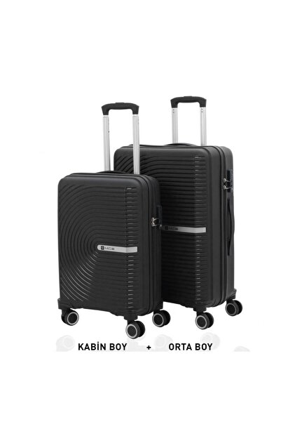 MÇS Bavul Orta ve Kabin 2li Set Kırılmaz Silikon Valiz V374 Siyah