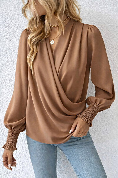 Deafox Milk Coffee V-Neck Front Cross Detail Long Sleeve Crepe Fabric Blouse