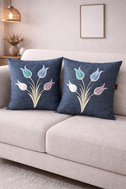 Decomia Home Embroidered Tulip Sconce 2-Piece Throw Pillow Cover Navy Blue Color