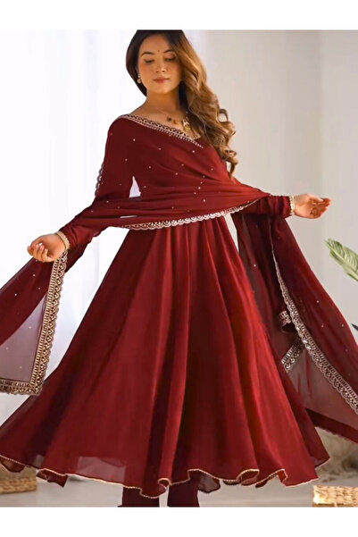 MYSMAR Maroon Faux Georgette Kameez Salwar & Dupatta - HRT5378 | Maroon