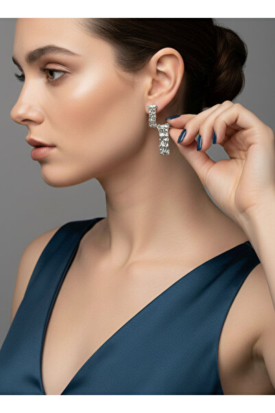 Elmosia Jewelry Silver Silver Color Vertical Form Special Design Stone Detail...