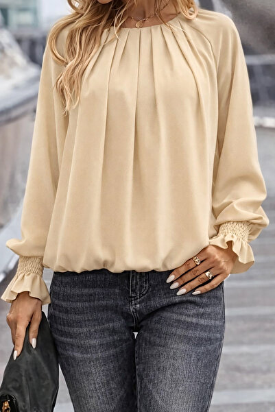Deafox Bluză din țesătură creponată, cu gât rotund, cu mâneci lanternă, bej