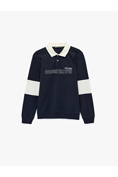 Koton Long Sleeve Cotton Color Contrast Buttoned Printed Polo Neck Sweatshirt