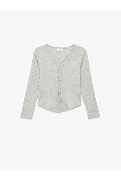 Koton Lace Detailed Ribbed V-Neck Long Sleeve T-Shirt