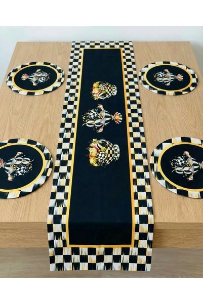tarzınısec Black and White Square Patterned Runner & 4-Piece Round Placemat Set