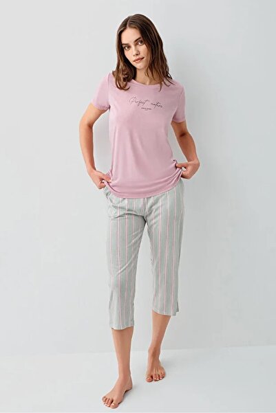 YUYİ Plerre Cardln Modal Cotton Circular Neck Short Sleeve Women's Capri Paja...