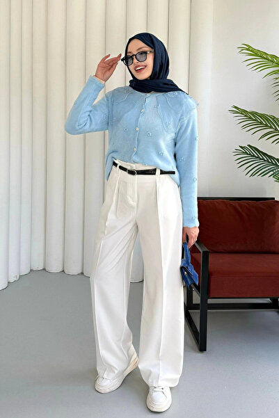 DEFNECE BUTİK Lace Collar Angora Cardigan - Blue