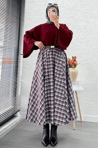 MELEK ARAZ Elastic Waist Midiboy Plaid Pattern Skirt - Claret Red - Gray