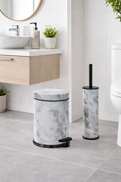 Sas Haus White Marble Patterned 2-Piece Bathroom Set - Metal Trash Can 3 Lt a...