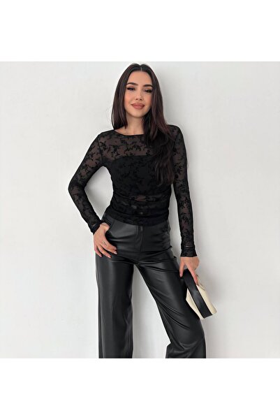 Noa&Noa Floral Patterned Transparent Flock Printed Blouse