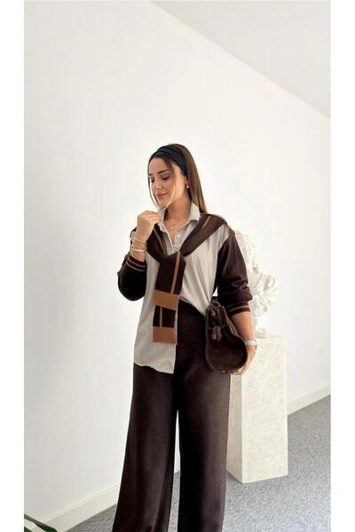 NOXS Kadın Çizgili Gömlek Kazak Kombini