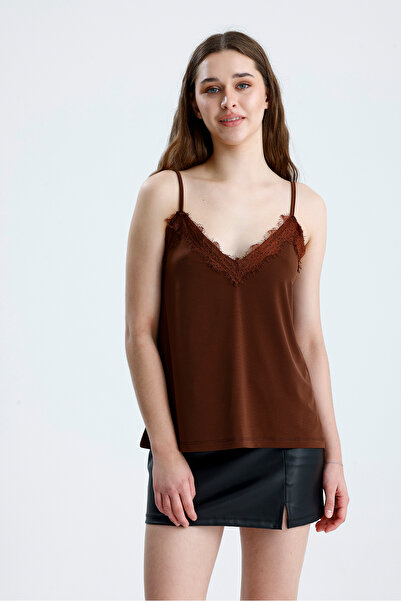 schlank Women's Chocolate Brown Lace Blouse with Rope Straps