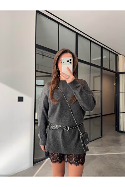 BB Bensu Buyruk DANTEL DETAYLI TRİKO ELBİSE ANTRASİT