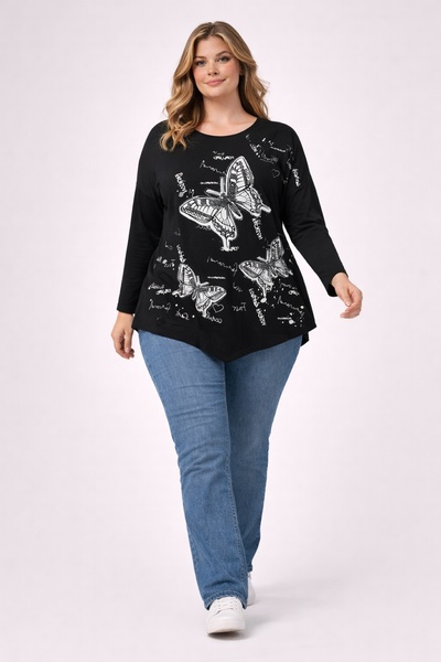 Şans Women's Plus Size Black, Butterfly Print Stone Detail, Asymmetric Viscos...