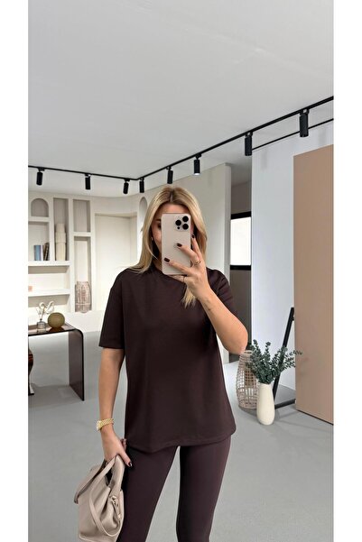 Sezgi Tekin Crew Neck Brown Oversized Tok Modal Basic Tshirt