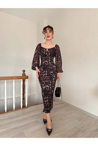 YK FASHION Leopar Midi Tül Elbise