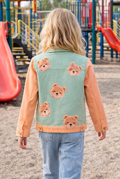 poupee Girls' Gabardine Jacket with Teddy Bear, Colorful Patchwork Design Coa...