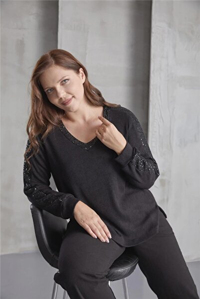 FİERTE Günay Kadın Büyük Beden Bluz Triko Lm78050 V Yaka Payet Detay