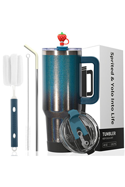 Choice11 1182ml Blue Black 40oz Large Capacity Tumbler With Handle Stainless ...