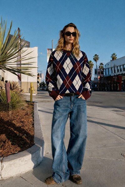 HAKKE Kadın Oversıze Ekose Desen Yumuşak Triko KAZAK