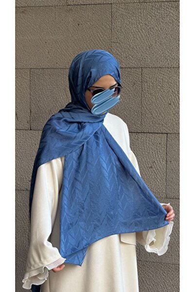 Qalortex Scarf Памучен шал с жакардов мотив „рибена кост“ – индиго