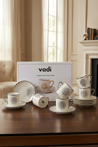 Vadi Tree of Life Patterned 6-Person Porcelain Coffee Cup Set Silver