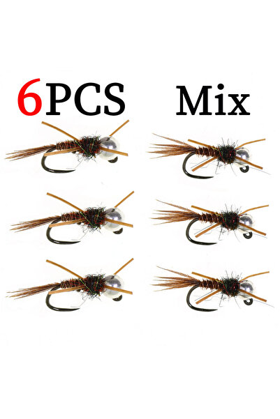 Choice ٦ قطع من طُعم صيد ذباب ستونفلاي نيمف بدون شوكة، مقاس ١٤ و ١٦، بأرجل وذ...