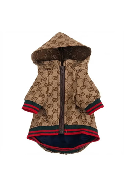 OEM Geaca caini cu gluga si fermoar, cu imprimeu elegant, maro, S