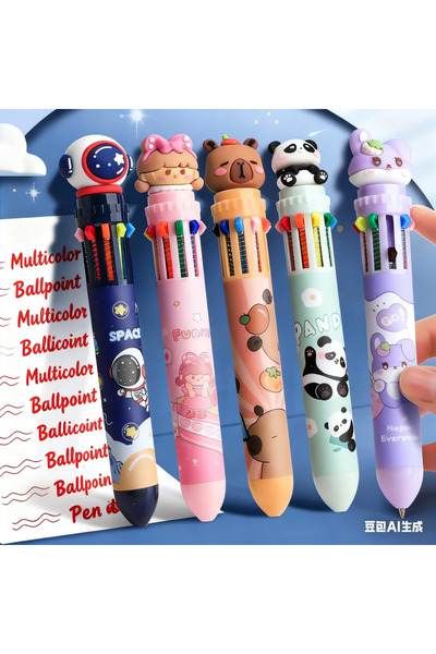 Choice مجموعة من 5 أقلام حبر جاف ملونة (10 ألوان) بتصميمات كرتونية لطيفة وإبد...