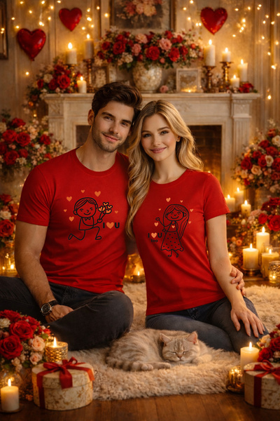 MVRDAR Set 2 tricouri unisex 100% bumbac pentru cuplu, colectia Valentine's Day