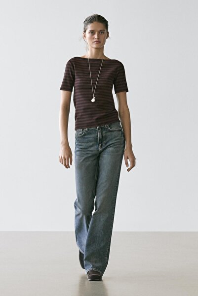 Massimo Dutti Çizgili kısa kollu geniş yaka t-shirt